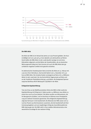 18 19




 140

 120

 100

  80                                                                                         KWG
                                                                                             DIMAX
  60

  40

  20

   0
        4.1.   1.2.   7.3.   1.4.   2.5.   3.6.   1.7.   1.8.   5.9.   2.10.   7.11. 6.12.
        08     08     08     08     08     08     08     08     08      08      08    08

Kursentwicklung der KWG-Aktie im Vergleich zum Deutschen Immobilienaktienindex (DIMAX)




Die KWG-Aktie

Die Aktie der KWG ist im Verlauf des Jahres um 26,6 Prozent gefallen. Der Kurs
ermäßigte sich von 5,60 auf 4,11 Euro (jeweils zum Jahresultimo auf Xetra).
Damit büßte die KWG-Aktie im Jahr 2008 deutlich weniger ein als Immo-
bilienaktien allgemein und die Aktien der Gesellschaften, die am deutschen
Wohnungsmarkt tätig sind. Doch konnte sich auch die KWG-Aktie dem ge-
schilderten negativen Umfeld nicht gänzlich entziehen.

Im elektronischen Handelssystem Xetra erreichte die Aktie am 25. Februar mit
7,65 Euro ihren Höchstkurs. Das Kurstief datiert vom 5. Dezember mit 2,30
Euro je KWG-Aktie. Die Umsätze fanden vorwiegend auf Xetra mit 1,2 Millionen
Aktien im Jahr 2008 statt. Der durchschnittliche Tagesumsatz auf Xetra und
an der Frankfurter Parkettbörse betrug 5.426 Aktien. Als Designated Sponsor
sorgt das Bankhaus M.M. Warburg für Liquidität in der Aktie.

Erfolgreiche Kapitalerhöhung

Trotz der Krise an den Weltfinanzmärkten führte die KWG im Mai 2008 eine
Kapitalerhöhung mit Erfolg durch. Dabei wurden 2,5 Millionen neue Aktien zu
einem Kurs von 6,50 Euro platziert. Die Aktien wurden von Altinvestoren, die
ihr Bezugsrecht ausübten, und im Anschluss im Rahmen einer Privatplatzie-
rung von weiteren Investoren gezeichnet. Die erfolgreiche Kapitalerhöhung
zeigt das Vertrauen in die Gesellschaft. Die Aktionäre der KWG setzen sich zu
rund 65 Prozent aus Kerninvestoren zusammen, die die Gesellschaft seit ihrer
Gründung begleiten und vom langfristigen Erfolg des Geschäftsmodells der
KWG überzeugt sind. Die KWG sieht in ihrer stabilen Aktionärsstruktur eine
wesentliche Grundlage für den weiteren Erfolg.
 