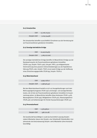 62 63




(6.1) Umsatzerlöse

		                 EUR 	    13.706.725,63

	        (Vorjahr:	EUR 	     3.019.334,96)

Die Umsatzerlöse betreffen ausschließlich Einnahmen aus der Vermietung der
als Finanzinvestitionen gehaltenen Immobilien.

(6.2) Sonstige betriebliche Erträge

		                 EUR 	    10.405.624,85

	        (Vorjahr:	EUR 	     5.665.672,60)

Die sonstigen betrieblichen Erträge betreffen im Wesentlichen Erträge aus der
Neubewertung der als Finanzinvestitionen gehaltenen Immobilien
(TEUR 6.194; Vorjahr: TEUR 2.962), die gem. IFRS 3.56 erfolgswirksame
Vereinnahmung eines passiven Unterschiedsbetrages aus der Kapitalkonso-
liderung (TEUR 2.667; Vorjahr: TEUR 2.623) sowie Erträge aus der Auflösung
eines Zinssicherungsgeschäfts (TEUR 695; Vorjahr: TEUR 0).

(6.3) Materialaufwand

		                 EUR	      4.994.758,27

	        (Vorjahr: EUR 	     1.398.461,45)

Bei dem Materialaufwand handelt es sich um Hausgeldzahlungen nach dem
Wohnungseigentumsgesetz (TEUR 790) und Energie- und sonstige Betriebs-
kosten, die mit den als Finanzinvestitionen gehaltenen Immobilien im Zusam-
menhang stehen. Im Wesentlichen betreffen diese Heizkosten (TEUR 1.478),
Wassergebühren (TEUR 469), Müllgebühren (TEUR 462), Abwassergebühren
(TEUR 406) und Aufwendungen für fremde Hauswartleistungen (TEUR 331).

(6.4) Personalaufwand

		                 EUR	     1.376.958,01

	        (Vorjahr:	EUR	       598.270,18)

Die Gesellschaft beschäftigte in 2008 durchschnittlich zwanzig (Vorjahr:
sieben) Mitarbeiter (davon drei (Vorjahr: eine Teilzeitkraft) Teilzeitkräfte). Zum
Jahresende sind dreiundzwanzig (Vorjahr: zehn) Mitarbeiter (ohne Vorstand)
beschäftigt.
 