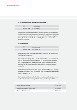 Konzernabschluss




               (7.7) Zahlungsmittel und Zahlungsmitteläquivalente

               	       EUR		              7.800.048,42

               	       (Vorjahr:	EUR	    13.126.708,64)

               Liquide Mittel umfassen ausschließlich Barmittel, Schecks und Guthaben bei
               Kreditinstituten. Sie haben jeweils zum Zeitpunkt der Anschaffung bzw. Anlage
               eine Restlaufzeit von weniger als drei Monaten. Die Entwicklung der liquiden
               Mittel, die den Finanzmittelfonds gemäß IAS 7 bilden, ist in der Cashflow-
               Rechnung dargestellt.

               (7.8) Eigenkapital

               	       EUR		             56.143.039,73

               	       (Vorjahr:	EUR	    39.473.796,29)

               Die Entwicklung des Postens Eigenkapital wird im Rahmen des Konzerneigen-
               kapitalspiegels dargestellt.

               Das Grundkapital beträgt TEUR 8.600. Es ist eingeteilt in 8.600.000 nennwert-
               lose auf den Inhaber lautende Stückaktien, auf die ein anteiliger Betrag von
               EUR 1,00 je Aktie entfällt. Jede Aktie hat eine Stimme. Die 8.600.000 nenn-
               wertlosen auf den Inhaber lautenden ausgegebenen Stückaktien sind voll
               eingezahlt.

               Die Rücklagen betreffen Agien (TEUR 37.970, Vorjahr: TEUR 30.094), Rücklage
               für Hedge-Accounting (-TEUR 334, Vorjahr: TEUR 0) und gesetzliche Rücklagen
               (TEUR 2, Vorjahr: TEUR 2).

               Die Anzahl der sich im Umlauf befindlichen Anteile zum Anfang und zum Ende
               der Periode ist aus der nachfolgenden Überleitungsrechnung ersichtlich:


                                                                                          Stück

             Stand am 1. Januar 2008                                                  6.100.000

             Kapitalerhöhung vom 12. Juni 2008                                        2.500.000

             Stand 31. Dezember 2008			                                               8.600.000
 