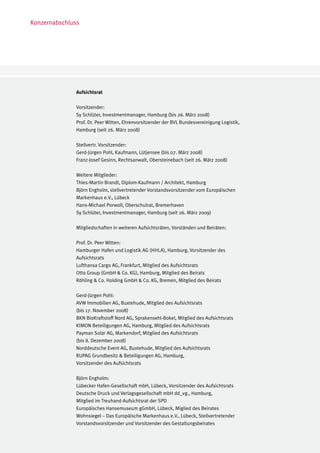 Konzernabschluss




              Aufsichtsrat

              Vorsitzender:
              Sy Schlüter, Investmentmanager, Hamburg (bis 26. März 2008)
              Prof. Dr. Peer Witten, Ehrenvorsitzender der BVL Bundesvereinigung Logistik,
              Hamburg (seit 26. März 2008)

              Stellvertr. Vorsitzender: 	
              Gerd-Jürgen Pohl, Kaufmann, Lütjensee (bis 07. März 2008)
              Franz-Josef Gesinn, Rechtsanwalt, Obersteinebach (seit 26. März 2008)

              Weitere Mitglieder:		
              Thies-Martin Brandt, Diplom-Kaufmann / Architekt, Hamburg
              Björn Engholm, stellvertretender Vorstandsvorsitzender vom Europäischen
              Markenhaus e.V., Lübeck
              Hans-Michael Porwoll, Oberschulrat, Bremerhaven
              Sy Schlüter, Investmentmanager, Hamburg (seit 26. März 2009)

              Mitgliedschaften in weiteren Aufsichtsräten, Vorständen und Beiräten:

              Prof. Dr. Peer Witten:	
              Hamburger Hafen und Logistik AG (HHLA), Hamburg, Vorsitzender des
              Aufsichtsrats	
              Lufthansa Cargo AG, Frankfurt, Mitglied des Aufsichtsrats
              Otto Group (GmbH & Co. KG), Hamburg, Mitglied des Beirats
              Röhling & Co. Holding GmbH & Co. KG, Bremen, Mitglied des Beirats

              Gerd-Jürgen Pohl:	
              AVW Immobilien AG, Buxtehude, Mitglied des Aufsichtsrats
              (bis 17. November 2008)
              BKN BioKraftstoff Nord AG, Sprakensehl-Bokel, Mitglied des Aufsichtsrats
              KIMON Beteiligungen AG, Hamburg, Mitglied des Aufsichtsrats
              Payman Solar AG, Markendorf, Mitglied des Aufsichtsrats
              (bis 8. Dezember 2008)
              Norddeutsche Event AG, Buxtehude, Mitglied des Aufsichtsrats
              RUPAG Grundbesitz & Beteiligungen AG, Hamburg,
              Vorsitzender des Aufsichtsrats

              Björn Engholm:	
              Lübecker Hafen-Gesellschaft mbH, Lübeck, Vorsitzender des Aufsichtsrats
              Deutsche Druck und Verlagsgesellschaft mbH dd_vg., Hamburg,
              Mitglied im Treuhand-Aufsichtsrat der SPD
              Europäisches Hansemuseum gGmbH, Lübeck, Miglied des Beirates
              Wohnsiegel – Das Europäische Markenhaus e.V., Lübeck, Stellvertretender
              Vorstandsvorsitzender und Vorsitzender des Gestaltungsbeirates
 