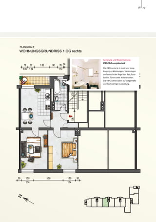28 29




Sanierung und Modernisierung
KWG-Wohnungsbestand

Die KWG sanierte in 2008 und 2009
knapp 540 Wohnungen. Sanierungen
umfassen in der Regel das Bad, Fuss-
boden, Türen sowie Malerarbeiten.
Die KWG achtet dabei auf zeitgemäße
und hochwertige Ausstattung.
 