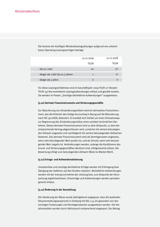 Konzernabschluss




              Die Summe der künftigen Mindestleasingzahlungen aufgrund von unkünd-
              baren Operating-Leasingverträgen beträgt:


                                                           31.12.2009        31.12.2008

                                                                TEUR               TEUR

               - bis zu 1 Jahr	            		                     20                 27

               - länger als 1 Jahr bis zu 5 Jahren	                 1                 21

               - länger als 5 Jahre	                  		           0                   0


              Für diese Leasingverhältnisse sind im Geschäftsjahr 2009 TEUR 27 (Vorjahr:
              TEUR 24) fest vereinbarte Leasingaufwendungen erfasst und gezahlt worden.
              Sie werden im Posten „Sonstige betriebliche Aufwendungen“ ausgewiesen.

              (5.10) Derivate Finanzinstrumente und Sicherungsgeschäfte

              Zur Absicherung von Zinsänderungsrisiken wird ein derivatives Finanzinstru-
              ment, das die Kriterien des Hedge-Accounting in Bezug auf die Bilanzierung
              nach IAS 39 erfüllt, bilanziert. Es handelt sich hierbei um einen Zinssatzswap
              zur Begrenzung des Zinsänderungsrisikos eines variabel verzinslichen Dar-
              lehens. Dieses derivate Finanzinstrument wird zu dem Zeitpunkt, zu dem der
              entsprechende Vertrag abgeschlossen wird, zunächst mit seinem beizulegen-
              den Zeitwert angesetzt und nachfolgend mit seinem beizulegenden Zeitwerten
              bewertet. Das derivate Finanzinstrument wird als Vermögenswert angesetzt,
              wenn sein beizulegender Wert positiv ist, und als Schuld, wenn sein beizule-
              gender Wert negativ ist. Veränderungen werden, solange die Konditionen des
              Grund- und Sicherungsgeschäftes identisch sind, erfolgsneutral erfasst. Die
              Bewertung erfolgt zum beizulegenden Zeitwert (Mark-to-Market-Wert).

              (5.11) Ertrags- und Aufwandsrealisierung

              Umsatzerlöse und sonstige betriebliche Erträge werden mit Erbringung bzw.
              Übergang der Gefahren auf den Kunden realisiert. Betriebliche Aufwendungen
              werden mit der Inanspruchnahme der Leistung bzw. zum Zeitpunkt der Verur-
              sachung ergebniswirksam. Zinserträge und Aufwendungen werden perioden-
              gerecht erfasst.

              (5.12) Änderung in der Darstellung

              Die Gliederung der Bilanz wurde dahingehend angepasst, dass die laufenden
              Steuererstattungsansprüche in Einklang mit IAS 1.54 (n) gesondert von den
              sonstigen Forderungen und Vermögenswerten ausgewiesen werden. Die Vor-
              jahreszahlen wurden durch Aktivtausch entsprechend angepasst. Der Betrag
 