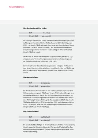 Konzernabschluss




              (6.3) Sonstige betriebliche Erträge

              	        EUR 	     	          224.110,49

              	        (Vorjahr:	EUR 	    4.211.492,38)

              Die sonstigen betrieblichen Erträge betreffen im Wesentlichen Erträge aus der
              Auflösung von handelsrechtlichen Rückstellungen und Wertberichtigungen
              (TEUR 139; Vorjahr: TEUR 319) sowie einen Ertrag aus einem derivaten Finanz-
              instrument (TEUR 20; Vorjahr: TEUR 695). Aus dem Verkauf von als Finanz-
              investitionen gehaltenen Immobilien wurden Erträge in Höhe von TEUR 28
              (Vorjahr: TEUR 57) erzielt.

              Der Ausweis im Vorjahr betraf weiterhin hauptsächlich die gemäß IFRS 3.56
              erfolgswirksame Vereinnahmung eines passiven Unterschiedsbetrages aus
              der Kapitalkonsolidierung in Höhe von TEUR 2.667.

              Der im Vorjahr unter dieser Position ausgewiesene Ertrag aus der Neubewer-
              tung der als Finanzinvestition gehaltenen Immobilien in Höhe von TEUR 6.194
              wird nach Anpassung des Ausweises nunmehr unter der Position 6.2 ausge-
              wiesen.

              (6.4) Materialaufwand


              	        EUR		             7.335.791,44	

              	        (Vorjahr:	EUR	    4.994.758,27)

              Bei dem Materialaufwand handelt es sich um Hausgeldzahlungen nach dem
              Wohnungseigentumsgesetz (TEUR 752; Vorjahr: TEUR 790) und Energie- bzw.
              sonstige Betriebskosten, die mit den als Finanzinvestitionen gehaltenen Im-
              mobilien im Zusammenhang stehen. Im Wesentlichen betreffen diese Heizko-
              sten (TEUR 2.698; Vorjahr: TEUR 1.478), Wassergebühren (TEUR 685; Vorjahr:
              TEUR 469), Müllgebühren (TEUR 543; Vorjahr: TEUR 462), Abwassergebühren
              (TEUR 540; Vorjahr: TEUR 406) und Aufwendungen für fremde Hauswartlei-
              stungen (TEUR 347; Vorjahr: TEUR 331).

              (6.5) Personalaufwand


              	        EUR		             1.488.285,28	

              	        (Vorjahr:	EUR	    1.376.958,01)

              Die Gesellschaft beschäftigte im Berichtsjahr durchschnittlich zweiundzwanzig
              (Vorjahr: zwanzig) Mitarbeiter (davon drei (Vorjahr: drei) Teilzeitkräfte). Zum
              Jahresende sind dreiundzwanzig (Vorjahr: dreiundzwanzig) Mitarbeiter (ohne
              Vorstand) beschäftigt.
 