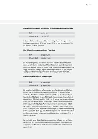 64 65




(6.6) Abschreibungen auf immaterielle Vermögenswerte und Sachanlagen

	       EUR		             103.275,93

	       (Vorjahr:	EUR	     48.534,93)

In diesem Posten sind ausschließlich planmäßige Abschreibungen auf imma-
terielle Vermögenswerte (TEUR 53; Vorjahr: TEUR 7) und Sachanlagen (TEUR
50; Vorjahr: TEUR 42) enthalten.

(6.7) Aufwendungen aus Investment Properties

	       EUR		             3.653.015,00

	       (Vorjahr:	EUR	    3.856.057,95)

Die Aufwendungen aus Investment Properties betreffen die den Objekten
direkt zurechenbaren nicht umlagefähigen Kosten wie laufende Instandhal-
tungs- (TEUR 1.069; Vorjahr: TEUR 985) bzw. Sanierungsaufwendungen (TEUR
1.055; Vorjahr: TEUR 1.659), eigene Verwaltergebühren (TEUR 981; Vorjahr:
TEUR 719) und Vermietungsprovisionen (TEUR 139; Vorjahr: TEUR 172).

(6.8) Sonstige betriebliche Aufwendungen


	       EUR		             2.334.156,96	

	       (Vorjahr:	EUR	    5.283.805,85)

Die sonstigen betrieblichen Aufwendungen betreffen überwiegend Aufwen-
dungen, die mit der Finanzierung zusammenhängen (TEUR 389; Vorjahr:
TEUR 485), Abschluss- und Prüfungskosten (TEUR 245; Vorjahr: TEUR 347),
Raumkosten (TEUR 237; Vorjahr: TEUR 228), Aufwendungen für gescheiterte
Akquisitionen (TEUR 181; Vorjahr: TEUR 2.483), Rechts- und Beratungskosten
(TEUR 170; Vorjahr: TEUR 306), Vergütungen für die Aufsichtsratmitglieder
(TEUR 102; Vorjahr: TEUR 92), Aufwendungen für Investor Relations (TEUR
99; Vorjahr: TEUR 109), Reisekosten (TEUR 93; Vorjahr: TEUR 99), Kfz-Kosten
(TEUR 74; Vorjahr: TEUR 66) sowie Aufwendungen für die Hauptversammlung
(TEUR 51; Vorjahr: TEUR 144). Des Weiteren ergaben sich aus dem Verkauf von
als Finanzinvestitionen gehaltenen Immobilien Verluste in Höhe von TEUR 233
(Vorjahr: TEUR 24).

Der im Vorjahr unter dieser Position ausgewiesene Aufwand aus der Neube-
wertung der als Finanzinvestition gehaltenen Immobilien in Höhe von TEUR
3.179 wird nach Anpassung des Ausweises nunmehr unter der Position 6.2
ausgewiesen.
 