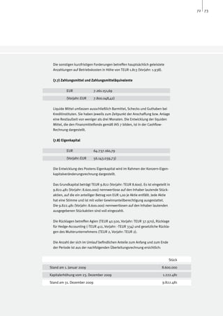 72 73




  Die sonstigen kurzfristigen Forderungen betreffen hauptsächlich geleistete
  Anzahlungen auf Betriebskosten in Höhe von TEUR 1.813 (Vorjahr: 1.938).

  (7.7) Zahlungsmittel und Zahlungsmitteläquivalente

  	        EUR		             7.261.151,69

  	        (Vorjahr:	EUR	    7.800.048,42)

  Liquide Mittel umfassen ausschließlich Barmittel, Schecks und Guthaben bei
  Kreditinstituten. Sie haben jeweils zum Zeitpunkt der Anschaffung bzw. Anlage
  eine Restlaufzeit von weniger als drei Monaten. Die Entwicklung der liquiden
  Mittel, die den Finanzmittelfonds gemäß IAS 7 bilden, ist in der Cashflow-
  Rechnung dargestellt.

  (7.8) Eigenkapital

  	        EUR		             64.737.160,79

  	        (Vorjahr:	EUR	    56.143.039,73)

  Die Entwicklung des Postens Eigenkapital wird im Rahmen der Konzern-Eigen-
  kapitalveränderungsrechnung dargestellt.

  Das Grundkapital beträgt TEUR 9.822 (Vorjahr: TEUR 8.600). Es ist eingeteilt in
  9.822.481 (Vorjahr: 8.600.000) nennwertlose auf den Inhaber lautende Stück-
  aktien, auf die ein anteiliger Betrag von EUR 1,00 je Aktie entfällt. Jede Aktie
  hat eine Stimme und ist mit voller Gewinnanteilberechtigung ausgestattet.
  Die 9.822.481 (Vorjahr: 8.600.000) nennwertlosen auf den Inhaber lautenden
  ausgegebenen Stückaktien sind voll eingezahlt.

  Die Rücklagen betreffen Agien (TEUR 40.500, Vorjahr: TEUR 37.970), Rücklage
  für Hedge-Accounting (-TEUR 412, Vorjahr: -TEUR 334) und gesetzliche Rückla-
  gen des Mutterunternehmens (TEUR 2, Vorjahr: TEUR 2).

  Die Anzahl der sich im Umlauf befindlichen Anteile zum Anfang und zum Ende
  der Periode ist aus der nachfolgenden Überleitungsrechnung ersichtlich:


                                                                                 Stück

Stand am 1. Januar 2009                                                     8.600.000

Kapitalerhöhung vom 23. Dezember 2009                                        1.222.481

Stand am 31. Dezember 2009		                                                9.822.481
 