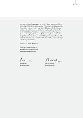 92 93




Nach unserer Beurteilung aufgrund der bei der Prüfung gewonnenen Erkennt-
nisse entspricht der Konzernabschluss den IFRS, wie sie in der EU anzuwenden
sind, und den ergänzend nach § 315a Abs. 1 HGB anzuwendenden handels-
rechtlichen Vorschriften und vermittelt unter Beachtung dieser Vorschriften
ein den tatsächlichen Verhältnissen entsprechendes Bild der Vermögens-,
Finanz- und Ertragslage des Konzerns. Der Konzernlagebericht steht in Ein-
klang mit dem Konzernabschluss, vermittelt insgesamt ein zutreffendes Bild
von der Lage des Konzerns und stellt die Chancen und Risiken der zukünftigen
Entwicklung zutreffend dar.

Bremerhaven, den 12. April 2010

FIDES Treuhandgesellschaft KG
Wirtschaftsprüfungsgesellschaft
Steuerberatungsgesellschaft




gez. Hansen			                        	    gez. Mackedanz
Wirtschaftsprüfer			                  	    Wirtschaftsprüfer
 