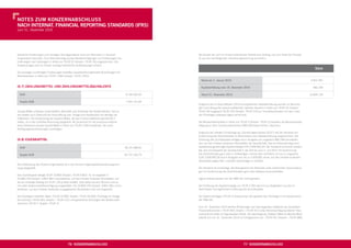 NOtes ZUm KONZerNabschLUss
Nach iNterNat. fiNaNciaL rePOrtiNg staNDarDs (ifrs)
zum 31. Dezember 2010




Sämtliche Forderungen und sonstigen Vermögenswerte sind zum Nennwert (= Anschaf-                               Die Anzahl der sich im Umlauf beﬁndlichen Anteile zum Anfang und zum Ende der Periode
fungskosten) bilanziert. Zum Bilanzstichtag wurden Wertberichtigungen auf Forderungen aus                      ist aus der nachfolgenden Überleitungsrechnung ersichtlich:
Lieferungen und Leistungen in Höhe von TEUR 52 (Vorjahr: TEUR 26) vorgenommen. Die
Aufwendungen sind im Posten sonstige betriebliche Aufwendungen erfasst.
                                                                                                                                                                                                                 stück
Die sonstigen kurzfristigen Forderungen betreffen hauptsächlich geleistete Anzahlungen auf
Betriebskosten in Höhe von TEUR 1.583 (Vorjahr: TEUR 1.813).
                                                                                                                 stand am 1. Januar 2010                                                                      9.822.481

(6.7) ZahLUNgsmitteL UND ZahLUNgsmitteLäQUiVaLeNte                                                               Kapitalerhöhung vom 18. Dezember 2010                                                         982.248

  eUr                                                                                           8.736.265,05     stand 31. Dezember 2010                                                                     10.804.729

  Vorjahr eUr                                                                                   7.261.151,69
                                                                                                               Aufgrund der im Geschäftsjahr 2010 durchgeführten Kapitalerhöhung wurden im Berichts-
                                                                                                               jahr nach Abzug der darauf entfallenden latenten Steuern in Höhe von TEUR 42 (Vorjahr:
Liquide Mittel umfassen ausschließlich Barmittel und Guthaben bei Kreditinstituten. Sie ha-                    TEUR 29) insgesamt TEUR 225 (Vorjahr: TEUR 153) an Transaktionskosten mit den unter
ben jeweils zum Zeitpunkt der Anschaffung bzw. Anlage eine Restlaufzeit von weniger als                        den Rücklagen erfassten Agien verrechnet.
3 Monaten. Die Entwicklung der liquiden Mittel, die den Finanzmittelfonds gemäß IAS 7
bilden, ist in der Cashﬂow-Rechnung dargestellt. Als Sicherheit für die Inanspruchnahme                        Die Minderheitenanteile in Höhe von TEUR 3 (Vorjahr: TEUR 2) betreffen die Minderheitsbe-
eines Darlehens wurden liquide Mittel in Höhe von TEUR 2.000 verpfändet, die somit                             teiligung an dem Tochterunternehmen KWG Wohnwert GmbH, Glauchau.
Verfügungsbeschränkungen unterliegen.
                                                                                                               Aufgrund der erteilten Ermächtigung („Genehmigtes Kapital 2010“) hat der Vorstand mit
                                                                                                               Zustimmung des Aufsichtsrates im Berichtsjahr eine Kapitalerhöhung vorgenommen. Die
(6.8) eigeNKaPitaL                                                                                             Erhöhung des Grundkapitals erfolgte durch Ausgabe von insgesamt 982.248 nennwertlo-
                                                                                                               sen, auf den Inhaber lautenden Stückaktien der Gesellschaft. Das am Bilanzstichtag noch
  eUr                                                                                          78.101.998,60   bestehende genehmigte Kapital beträgt EUR 3.928.992,00. Der Vorstand ist hiermit ermäch-
                                                                                                               tigt, das Grundkapital der Gesellschaft in der Zeit bis zum 4. Juli 2015 mit Zustimmung
  Vorjahr eUr                                                                                  64.737.160,79   des Aufsichtsrates ganz oder in Teilbeträgen, einmal oder mehrfach um bis zu insgesamt
                                                                                                               EUR 3.928.992,00 durch Ausgabe von bis zu 3.928.992 neuer, auf den Inhaber lautender
                                                                                                               Stückaktien gegen Bar- und/oder Sacheinlage zu erhöhen.
Die Entwicklung des Postens Eigenkapital ist in der Konzern-Eigenkapitalveränderungsrech-
nung dargestellt.                                                                                              Der Vorstand ist ermächtigt, das Bezugsrecht der Aktionäre unter bestimmten Voraussetzun-
                                                                                                               gen mit Zustimmung des Aufsichtsrates ganz oder teilweise auszuschließen.
Das Grundkapital beträgt TEUR 10.805 (Vorjahr: TEUR 9.822). Es ist eingeteilt in
10.804.729 (Vorjahr: 9.822.481) nennwertlose, auf den Inhaber lautende Stückaktien, auf                        Eigene Anteile werden von der KWG AG nicht gehalten.
die ein anteiliger Betrag von EUR 1,00 je Aktie entfällt. Jede Aktie hat eine Stimme und ist
mit voller Gewinnanteilberechtigung ausgestattet. Die 10.804.729 (Vorjahr: 9.822.481) nenn-                    Die Erhöhung der Kapitalrücklage um TEUR 2.392 stammt aus Aufgeldern aus der im
wertlosen, auf den Inhaber lautenden ausgegebenen Stückaktien sind voll eingezahlt.                            Berichtsjahr durchgeführten Erhöhung des Grundkapitals.

Die Rücklagen betreffen Agien (TEUR 42.893, Vorjahr: TEUR 40.500), Rücklage für Hedge                          Die Gewinnrücklagen (TEUR 2) entsprechen der gesetzlichen Rücklage im Einzelabschluss
Accounting (–TEUR 464, Vorjahr: –TEUR 412) und gesetzliche Rücklagen des Mutterunter-                          der KWG AG.
nehmens (TEUR 2, Vorjahr: TEUR 2).
                                                                                                               Zum 31. Dezember 2010 werden Änderungen der beizulegenden Zeitwerte der derivativen
                                                                                                               Finanzinstrumente (–TEUR 464; Vorjahr: –TEUR 412) unter Berücksichtigung latenter Steu-
                                                                                                               eransprüche direkt im Eigenkapital erfasst. Der beizulegende Zeitwert (Mark-to-Market-Wert)
                                                                                                               beläuft sich am 31. Dezember 2010 vor Ertragsteuern auf –TEUR 551 (Vorjahr: –TEUR 489).




                                             76 KONZerNabschLUss                                                                                      77 KONZerNabschLUss
 