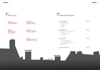 4                                                                                                                                   5




                   HIGHLIGHTS                                                      INHALTSVERZEICHNIS



                   April 2012:                    Dezember 2011:                     	An unsere Aktionäre Seite 06
                   Erfolgreiche Kapitalerhöhung   Reduktion des Leerstands         	 – Vorwort des Vorstands
                   aus genehmigtem Kapital        auf weniger als drei Prozent     	 – Bericht des Aufsichtsrats
                                                                                   	 – Vorstandsinterview
                                                                                   	 – KWG-Leitbild
                                                                                   	 – KWG-Aktie



                   März 2012:                     August 2011:                         KonzernlageberichtSeite 26	
                   Beteiligung an der             Vermeldung von Rekordergeb-      	   – Geschäftsverlauf und Rahmenbedingungen
                   Barmer Wohnungsbau AG          nissen zum 1. Halbjahr 2011      	   – Vermögens-, Finanz- und Ertragslage
                   mit 1.394 Einheiten                                             	   – Nachtragsbericht
                                                                                   	   – Risiko- und Chancenbericht
                                                                                   	   – Prognosebericht



                                                  April 2011:                          KonzernabschlussSeite 38
                                                  Verdoppelung des Ergebnisses     	   – Konzernbilanz
                                                  je Aktie gegenüber dem Vorjahr   	   – Konzern-Gesamtergebnisrechnung
                                                                                   	   – Konzern-Kapitalflussrechnung
                                                                                   	   – Konzern-Eigenkapitalveränderungsrechnung
                                                                                   	   – Notes zum Konzernabschluss
                                                                                   	   – Bestätigungsvermerk



                                                                                       Finanzkalender / ImpressumSeite 82




THEMA / ABSCHNITT / BLINDTEXT
 