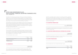 66                                                                                                                                                                                                                                               67




               NOTES zum KONZERNABSCHLUSS
               nach internat. financial reporting standards (IFRS)
                   zum 31. dezember 2011


               Der Vorstand ist mit Zustimmung des Aufsichtsrats ermächtigt, das Grundkapital der Gesellschaft in            (TEUR 897) und der KWG Grundbesitz CV GmbH  Co. KG, Hamburg, (TEUR 487) zu gewährenden
               der Zeit bis zum 27. Juni 2016 einmalig oder mehrfach um insgesamt bis zu EUR 5.402.364,00 durch              Aktien aus dem genehmigten Kapital an die Verkäufer. Ein Teil der Kaufpreise für die Anteile wurde
               Ausgabe von neuen auf den Inhaber lautenden Stückaktien gegen Bar- oder Sacheinlagen zu erhöhen               den Verkäufern in Form einer Aktienkomponente gewährt, wobei es sich um auf den Inhaber lautende
               (Genehmigtes Kapital 2011). Der Vorstand kann von dieser Ermächtigung zu jedem gesetzlich zulässigen          Stückaktien der KWG AG mit einem rechnerischen Nennwert von EUR 1,00 je Aktie handelt. Bei der
               Zweck Gebrauch machen. Der Vorstand ist ermächtigt, das Bezugsrecht der Aktionäre unter bestimmten            Kaufpreisbewertung der Geschäftsanteile an den Gesellschaften wurde je Aktie ein Wert von EUR 7,00
               Voraussetzungen mit Zustimmung des Aufsichtsrates ganz oder teilweise auszuschließen.                         vereinbart und zugrunde gelegt.

               Das Grundkapital ist um bis zu EUR 4.911.240,00, eingeteilt in bis zu 4.911.240 auf den Inhaber lautende
                                                                                                                             (7.10) Langfristige Finanzschulden
               Stückaktien, bedingt erhöht (Bedingtes Kapital). Die bedingte Kapitalerhöhung dient der Gewährung von
               Aktien bei Ausübung von Wandlungs- oder Optionsrechten an die Inhaber oder Gläubiger von Wandel-
               und/oder Optionsschuldverschreibungen, die gemäß der von der Hauptversammlung vom 5. Juli 2010 zu
                                                                                                                                                                                                                 EUR 104.732.961,34
               Tagesordnungspunkt 6a.) beschlossenen Ermächtigung von der Gesellschaft oder einem nachgeordneten                                                                                      (Vorjahr: EUR 114.171.218,87)
               verbundenen Unternehmen begeben werden.
               Eine Ausgabe entsprechender Rechte ist noch nicht vorgenommen worden.
                                                                                                                             Zur Sicherstellung einer fristenkongruenten Finanzierung wurden im Zusammenhang mit den unter Punkt
               Eigene Anteile werden von der KWG AG nicht gehalten.                                                          7.3 ausgewiesenen Immobilien langfristige Darlehen aufgenommen. Die Darlehen haben eine Laufzeit bis
                                                                                                                             maximal Ende September 2040.
               Die Gewinnrücklagen (TEUR 2) entsprechen der gesetzlichen Rücklage im Einzelabschluss der KWG AG.
               Zum 31. Dezember 2011 wurden Änderungen der beizulegenden Zeitwerte der derivativen Finanzinstru-             (7.11) Langfristige Verbindlichkeiten aus Lieferungen und Leistungen
               mente in Höhe von –TEUR 613 (Vorjahr: –TEUR 464) unter Berücksichtigung latenter Steueransprüche
               direkt im Eigenkapital erfasst. Der beizulegende Zeitwert (Mark-to-Market-Wert) belief sich am 31. Dezember
               2011 vor Ertragsteuern auf –TEUR 728 (Vorjahr: –TEUR 551).                                                                                                                                          EUR 1.009.377,82
                                                                                                                                                                                                                (Vorjahr: EUR 0,00)
               Der Konzernbilanzgewinn ergibt sich wie folgt:
                                                                                                                             Die langfristigen Verbindlichkeiten aus Lieferungen und Leistungen betreffen den Erwerb einer Heizungs-
                                                                                                                             anlage, die in zehn jährlich gleichbleibenden Raten zu bezahlen ist.
                                                                                               31.12.2011       vorjahr
                                                                                                     TEUR          TEUR
                   Ergebnis Anteilseigner des Mutterunternehmens                                     9.820          8.583
                                                                                                                             (7.12) Latente Steuerschulden
                   Entnahme aus der Kapitalrücklage                                                  2.005          1.458
                   Gewinnvortrag                                                                    24.863         14.822
                   KONZERNBILANZGEWINN                                                              36.688        24.863                                                                                           EUR 7.021.027,46
                                                                                                                                                                                                        (Vorjahr: EUR 4.332.499,23)



               (7.9) Sonderposten                                                                                            Die passiven latenten Steuern lassen sich folgender Bilanzposition zuordnen:


                                                                                                                                                                                                            31.12.2011     vorjahr
                                                                                                        EUR 2.281.013,00
                                                                                                                                                                                                                  TEUR        TEUR
                                                                                                     (Vorjahr: EUR 0,00)
                                                                                                                             Als Finanzinvestitionen gehaltene Immobilien                                        7.021        4.332
                                                                                                                             SUMME                                                                              7.021         4.332
               Die zur Durchführung der beschlossenen Kapitalerhöhung geleisteten Einlagen und Agien betreffen
               die im Zusammenhang mit dem Erwerb der Anteile an der HvD I Grundbesitzgesellschaft mbH, Nor-
               derfriedrichskoog, (TEUR 897) und der Viva I Immobilien u. Verwaltungs GmbH, Norderfriedrichskoog,



konzernabschluss                                                                                                                                                                                                                   konzernabschluss
 