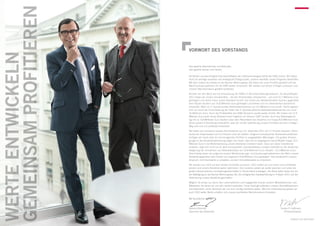 gemeinsam profitieren
                                                                                                                                                7




                        vorwort des vorstands
werte entwickeln

                        Sehr geehrte Aktionärinnen und Aktionäre,
                        sehr geehrte Damen und Herren,

                        wir blicken auf das erfolgreichste Geschäftsjahr der Unternehmensgeschichte der KWG zurück. Wir haben
                        nicht nur wichtige operative und strategische Erfolge erzielt, sondern ebenfalls unsere Prognose übertroffen.
                        Mit dem Erwerb der Anteile an der Barmer Wohnungsbau AG haben wir unser Portfolio gestärkt und die
                        Wachstumsperspektiven für die KWG weiter verbessert. Wir werden auf diesen Erfolgen aufbauen und
                        unseren Wachstumskurs gestärkt fortsetzen.

                        Richten wir den Blick auf die Entwicklung der KWG im Berichterstattungszeitraum: Im Geschäftsjahr
                        2011 haben wir unsere Umsatzerlöse – die den Bruttomieten entsprechen – auf rund 21,7 Millionen Euro
                        gesteigert und damit einen neuen Bestwert erzielt. Die Erlöse aus Nettokaltmieten wurden gegenüber
                        dem Vorjahr deutlich auf 14,8 Millionen Euro gesteigert und haben sich im Jahresverlauf dynamisch
                        entwickelt. Allein im 4. Quartal wurden Nettomieteinnahmen von 4,0 Millionen Euro erzielt. Damit ergeben
                        sich nur durch die Fortschreibung der Daten des 4. Quartals jährliche Nettokaltmieteinnahmen von rund
                        16 Millionen Euro. Auch die Profitabilität des KWG-Konzerns wurde weiter erhöht. Wir haben mit 11,9
                        Millionen Euro einen neuen Bestwert beim Ergebnis vor Steuern (EBT) erzielt. Auch das Nettoergebnis
                        lag mit ca. 9,8 Millionen Euro deutlich über dem Rekordwert des Vorjahres von knapp 8,6 Millionen Euro.
                        Diese positive Entwicklung verdeutlicht, dass wir mit der Optimierung unseres Portfolios auf dem richtigen
                        Weg sind und uns profitabel entwickeln.

                        Wir haben den Leerstand unseres Kernbestands zum 31. Dezember 2011 auf 2,7 Prozent reduziert. Damit
                        wurde der Vorjahreswert von 6,4 Prozent mehr als halbiert. Aufgrund konsequenter Bestandsinvestitionen
                        verfügen wir heute über ein hervorragendes Portfolio in ausgewählten Mikrolagen. Die großen Anstren-
                        gungen in der Bestandsoptimierung zeigen sich daran, dass wir im vergangenen Geschäftsjahr knapp 12,0
                        Millionen Euro in die Wertentwicklung unserer Bestände investiert haben. Dass sich diese Investitionen
                        rentieren, zeigt sich nicht nur an dem konsequenten Leerstandsabbau, sondern ebenfalls an der deutlichen
                        Steigerung der Einnahmen aus Nettokaltmieten auf 14,8 Millionen Euro (Vorjahr: 13,3 Millionen Euro).
                        Gleichzeitig haben wir aufgrund unserer Modernisierungs- und Sanierungsmaßnahmen den Wert unserer
                        Bestände gegenüber dem Vorjahr um insgesamt 20,8 Millionen Euro gesteigert. Dies verdeutlicht unseren
                        Anspruch, nicht Sachwerte zu verwalten, sondern Immobilienwerte zu entwickeln.

                        Wir werden uns nicht auf dem bereits Erreichten ausruhen. 2012 wollen wir zum einen noch profitabler
                        werden und unsere Bestände weiter optimieren. Zum anderen wollen wir weiter wachsen und unter die
                        großen börsennotierten Immobiliengesellschaften in Deutschland aufsteigen. Die Basis dafür haben wir mit
                        der Beteiligung an der Barmer Wohnungsbau AG, der erfolgreichen Kapitalerhöhung im Frühjahr 2012 und der
                        Optimierung unserer Bestände geschaffen.

                        Möglich ist all das nur durch den unermüdlichen und engagierten Einsatz unserer Mitarbeiterinnen und
                        Mitarbeiter, bei denen wir uns sehr herzlich bedanken. Unser Dank gilt außerdem unseren Geschäftspartnern
                        und Aktionären, deren Vertrauen wir uns auch künftig verdienen wollen. Mit Ihrer Unterstützung werden wir
                        auch 2012 weiter Werte schaffen und unseren profitablen Wachstumskurs fortsetzen.

                        Mit freundlichen Grüßen



                        Stavros Efremidis			                                                                      Torsten P. Hoffmann
                        (Sprecher des Vorstands)		                                                                   (Finanzvorstand)


                                                                                                                            VORWORT DES VORSTANDS
 