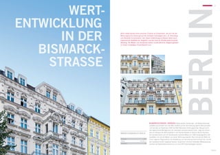 Wert-
                                                                                                                                                                23




                                                                                                               BERLIN
            entwicklung
                   in der   Berlin erlebt derzeit einen enormen Zustrom an Einwohnern, die sich bei der
                            Wohnungssuche bevorzugt auf die zentralen Szenelagen wie z. B. Kreuzberg
                            und Neukölln konzentrieren. Von dieser Entwicklung profitieren daher auch
                            angrenzende Stadtteile wie Tiergarten und der einst als Arbeiterviertel verpönte




               Bismarck-
                            Wedding. Die Mieten und Kaufpreise weisen zurzeit jährliche Steigerungsraten
                            im hohen einstelligen Prozentbereich auf.




                 straSSe



                                                                   BismarckstraSSe, SPANDAU Neben großen Sanierungs- und Modernisierungs-
                                                                   projekten konzentriert sich die KWG verstärkt auf die Vermarktung eigener Wohnprojekte
                                                                   und hat dazu im November 2009 die KWG Wohnwert GmbH gegründet. Wie gut durch
                                                                   das eigene Asset Management der Leerstand reduziert werden kann, zeigt sich beson-
                            Immobilienüberblick BERLIN             ders am Beispiel des Wohnobjektes in der Bismarckstraße im Berliner Bezirk Spandau.
                                                                   Der wunderschöne und mit Stuckfassade verzierte Altbau von 1900 bringt eigentlich alle
                                                                   Qualitäten mit, die ein Mieter von seiner Wohnung erwartet. Aber erst seit die KWG mit
                             Einheiten                     414    einem eigenen Regionalbüro die Verwaltung und Vermietung übernommen hat, konnte
                             Fläche                   24.232 m²   der Leerstand deutlich abgebaut werden. Zusammen mit einer moderaten Mietanpassung
                             Stellplätze31
                                                                   konnten die Nettomieteinnahmen so um rund 46 Prozent gesteigert werden.


Blindtext                                                                                                                                                   Berlin
 