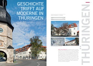 Geschichte
36                                                                                                                                                                                                                       37




                                                                                                                                                                                                                  Thüringen
                       trifft auf
                      Moderne in                                                                                   Immobilienüberblick Thüringen




                      Thüringen                                                                                     Einheiten 
                                                                                                                    Fläche
                                                                                                                    Stellplätze0
                                                                                                                                                                      668
                                                                                                                                                                 34.479 m²




            Der Freistaat Thüringen mit seinen Universitätsstädten Erfurt und Jena ist die wohl wirtschaft-
            lich stärkste Region Ostdeutschlands. Als beliebter Investitionsstandort für Unternehmen konnte sich
            das Land nach der Wiedervereinigung relativ schnell vom Negativtrend der neuen Bundesländer
            abkoppeln. Die Nachfrage nach Wohnraum und die Mietentwicklung sind daher gerade in den
            Ballungszentren und ihrer näheren Umgebung hoch.




                                                                                                                   Historisches Kreuzgratgewölbe (unten links)




                                                                                                                                               MARKT, BAD TENNSTEDT Die eigentliche Sensation des Objekts
                                                                                                                                               am Markt in Bad Tennstedt befindet sich im Inneren: ein Gebäudefrag-
                                                                                                                                               ment aus dem 13./14. Jahrhundert, das fast vollständig mit Wand-
                                                                                                                                               malereien aus dem 16. Jahrhundert ausgestaltet ist. Entdeckt wurde
                                                                                                                                               der quadratische Raum mit dem Kreuzgratgewölbe beim Abriss der
                                                                                                                                               alten Bebauung 1988 und selbstverständlich unter Denkmalschutz
                                                                                                                                               gestellt. Behutsam wurde er dann in den heute existierenden Neu-
                                                                                                                                               bau von 1996 integriert. Die umfangreichen Wandmalereien zeigen
                                                                                                                                               biblische Szenen des Zyklus der Königin Esther, die derzeit nach
                                                                                                                                               und nach umfangreich restauriert werden. Bis heute ist noch unklar,
                                                                                                                                               wer die Malereien in Auftrag gegeben haben könnte und warum die
                                                                                                                                               Gemälde ein katholisches Thema zeigen, da Bad Tennstedt seit der
                                                                                                                                               Reformation protestantisch geprägt ist.


Blindtext
 