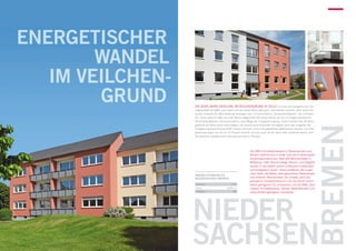 7




ENERGETISCHER
        WANDEL
   im Veilchen-
        grund     Die 60er-Jahre-Siedlung im Veilchengrund in Celle ist eines der energetischen Vor-
                  zeigeobjekte der KWG, auch wenn auf den ersten Blick alles ganz unscheinbar aussieht. Aber hinter der
                  bunten Fassade der Wohnsiedlung verbergen sich 13 hochmoderne „ZuhauseKraftwerke“ der Lichtblick
                  AG. Damit setzt die KWG als erste Wohnungsgesellschaft Deutschlands auf die mit Erdgas betriebenen
                  Blockheizkraftwerke und beschreitet so neue Wege der Energieversorgung. Zudem wurden alle 36 Wohn-
                  gebäude auf Basis eines nachhaltigen und ressourcenschonenden Konzeptes nach den Vorgaben der




                                                                                                                       BREMEN
                  Energieeinsparverordnung 2009 rundum erneuert. Durch alle getroffenen Maßnahmen werden nun Ener-
                  gieeinsparungen von bis zu 75 Prozent erreicht und die mehr als 40 Jahre alten Gebäude weisen jetzt
                  den gleichen energetischen Standard auf wie ein Neubau.




                                                                Der KWG-Immobilienbestand in Niedersachsen und
                                                                Bremen zeichnet sich in erster Linie durch seinen guten
                                                                Sanierungszustand aus. Etwa 400 Wohneinheiten in
                                                                Wolfsburg, Celle, Braunschweig, Bremen und Salzgitter
                                                                wurden in den letzten Jahren umfassend modernisiert
                                                                und energetisch saniert. Davon profitieren alle zu glei-
                                                                chen Teilen: die Mieter, dank gesunkener Nebenkosten
                  Immobilienüberblick
                  Niedersachsen / Bremen                        und höherem Wohnkomfort; die Umwelt, dank des
                                                                geringeren Energieverbrauchs und der damit verbun-
                  Einheiten                    1.327           denen geringeren CO2-Emissionen; und die KWG, dank
                  Fläche                   79.945 m²           höherer Immobilienwerte, höherer Nettokaltmieten und
                  Stellplätze389                               eines deutlich geringeren Leerstands.




                  NIEDER
                  SACHSEN
 