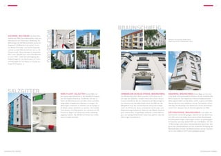 8                                                                                                                                                                                                                                                         9




                                                                                                                           Braunschweig


                                                    Wolfs burg
    Hochring, Wolfsburg Die hohe Ren-
    tabilität des KWG-Geschäftsmodells zeigt sich
                                                                                                                                                                                        Hermann-von-Vechelde-Straße (links),
    exemplarisch am Hochring in Wolfsburg. Die                                                                                                                                          Hagenring (rechts), Göttingstraße (unten)
    Wohnanlage mit 160 Wohneinheiten wurde für
    insgesamt 1,8 Millionen Euro saniert. Durch
    die Modernisierungs- und Sanierungsmaß-
    nahmen wurden Mehreinnahmen von ca. 50
    Prozent erzielt. Diese betrugen im Dezember
    2011 rund 700.000 Euro nach 470.000 Euro
    im Jahr 2007. Unter Berücksichtigung aller
    Aufwendungen für die Sanierung und Finan-
    zierung ergibt sich ein Return on Equity von
    knapp 50 Prozent p. a.




    Salzgitter                                                   Nebelflucht, Salzgitter Als die KWG mit                   Hermann-von-Vechelde-StraSSe, Braunschweig                   Hagenring, Braunschweig Kurze Wege zur Uni und
                                                                 den Sanierungsmaßnahmen in der Nebelflucht begann,        Die Attraktivität einer Wohnung wird nicht allein durch      in die Stadt sind entscheidende Kriterien bei der studentischen
                                                                 war die Aufgabenliste lang. Vorderstes Ziel war es        die Lage des Objektes, sondern besonders durch dessen        Wohnungssuche. Der Hagenring in Braunschweig verbindet
                                                                 daher, die Wohnhäuser aus den 60er-Jahren auf einen       Zustand beeinflusst. Bei der Übernahme der Wohnanlage in     beide Eigenschaften auf das Beste, indem er genau auf halber
                                                                 zeitgemäßen energetischen Standard zu bringen, die        der Hermann-von-Vechelde-Straße durch die KWG war die        Strecke zwischen dem Stadtkern und der Technischen Univer-
                                                                 Wohnungen umfassend zu sanieren und die Anlage so         Mängelliste lang. Die Leerstandsquote betrug demzufolge      sität liegt. Die Nachfrage nach Wohnraum ist hier dementspre-
                                                                 für Mieter wieder attraktiver zu machen. Die Investiti-   mehr als 50 Prozent. Dank umfassender Sanierungs- und        chend hoch. Genauso wie die Vermietungsquote der KWG.
                                                                 onen wurden mit Erfolg belohnt. Der Leerstand von 35      Modernisierungsmaßnahmen bietet sich den Mietern heute ein
                                                                 Prozent vor Beginn der Sanierung konnte vollständig       ganz anderes Bild. Ein gepflegtes Gebäude, schöne Wohnun-    GöttingstraSSe, Braunschweig In der Nähe der
                                                                 abgebaut werden. Alle 48 Wohneinheiten sind mittler-      gen und niedrige Nebenkosten haben dazu geführt, dass alle   Technischen Universität gelegen, beeindruckt das Wohnhaus
                                                                 weile komplett vermietet.                                 Wohnungen vermietet sind.                                    von 1901 schon von außen durch seine schöne Stuckfassade.
                                                                                                                                                                                        Die Altbauwohnungen überzeugen zudem mit großzügigen
                                                                                                                                                                                        Grundrissen und einer Deckenhöhe von 3,50 Metern. Von den
                                                                                                                                                                                        15 Wohnungen steht daher selbstverständlich keine leer. Auf-
                                                                                                                                                                                        grund des Leerstandabbaus und der moderaten Anhebung der
                                                                                                                                                                                        Nettokaltmieten konnten die Mieteinnahmen seit der Übernah-
                                                                                                                                                                                        me im Jahr 2008 um 54 Prozent gesteigert werden.




Niedersachsen / Bremen                                                                                                                                                                                                              Niedersachsen / Bremen
 