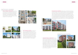 14                                                                                                                                                                                                                                                                       15




Düsseldorf
     Eifeler StraSSe, Düsseldorf Zentral in der                                                                                                                           PöllerstraSSe, Dortmund Die Wohnsiedlung in der Pöllerstraße im Dortmun-
     Nähe des Düsseldorfer Hauptbahnhofes gelegen, erfreut                                                                                                                der Stadtteil Kurl liegt inmitten einer weitläufig gestalteten Grünfläche. Die Wohnanlage
     sich das Objekt in der Eifeler Straße einer guten Nach-                                                                                                              wurde von der KWG im Jahr 2011 teilsaniert. Im Rahmen der Sanierungsmaßnahmen
     frage. Kein Wunder, denn das große Entwicklungspoten-                                                                                                                wurden dreifach verglaste Fensterelemente eingebaut und das Heizungssystem moder-
     zial des Wohn- und Gewerbegebietes wird mittlerweile                                                                                                                 nisiert. Eine weitere Herausforderung war die Fassade des Gebäudes, die in Teilen
     immer mehr erkannt. So konnte die KWG durch aktive                                                                                                                   erhöhte Schadstoffwerte aufwies. Die asbestbelasteten Füllplatten wurden abgebaut und
     Leerstandsreduktion die Nettomieteinnahmen von 2008                                                                                                                  durch energiesparende Dämmplatten ersetzt. Mit einer farbigen Verblechung mit grau-
     bis heute um ca. 14 Prozent steigern.                                                                                                                                und rotfarbenen Metallblenden wurde im Außenbereich ein neues Farbkonzept eingeführt,
                                                                                                                                                                          das die Wohnanlage optisch stark aufgewertet hat. Die umfassende Modernisierung und
                                                                                                                                                                          optische Aufwertung des Gebäudes führten dann auch zu einer kompletten Reduktion




                                                                                                                                 Dortmund
                                                                                                                                                                          des Leerstandes.


                                                               Bochum



                                                                        Beethovenweg, Bochum Die familienfreund-
                                                                        liche und sehr gepflegte Wohnanlage in Bochum-
                                                                        Wattenscheid gehörte noch bis vor Kurzem zum sozial
                                                                        geförderten Wohnungsbau. Die gute Anbindung an
                                                                        die lokale Infrastruktur, die A40 und den öffentlichen
                                                                        Personennahverkehr macht das Objekt aber auch
                                                                        für Mieter auf dem freien Wohnungsmarkt attraktiv.
                                                                                                                                                                                                  Oberhausen
                                                                        Durch aktive Leerstandsreduktion und die moderate
                                                                        Anpassung der Nettokaltmiete konnte die KWG die
                                                                        Mieteinnahmen bislang um 21 Prozent steigern.                  DragonerstraSSe, Oberhausen Die beiden
                                                                                                                                       Gebäude mit je 20 Wohneinheiten aus dem Jahr 1970
                                                                                                                                       wurden als öffentlich geförderter sozialer Wohnungsbau
                                                                                                                                       erstellt. Als Mieter der Wohnungen in der Dragonerstraße
                                                                                                                                       sind nur Personen zugelassen, die über einen Wohnbe-
                                                                                                                                       rechtigungsschein verfügen. Ab 2015 gilt das Objekt als
                                                                                                                                       freifinanziert und unterliegt nur noch der allgemeinen
                                                                                                                                       Mietgesetzgebung des BGB. Dank der Lage im beliebten
                                                                                                                                       Stadtteil Alsfeld und der Nähe zu Schulen, Kindergärten
                                                                                                                                       und dem öffentlichen Personennahverkehr rechnet die
                                                                                                                                       KWG mit großem Mietinteresse auf dem freien Wohnungs-
                                                                                                                                       markt, wodurch sich ein Mietsteigerungspotenzial von
                                                                                                                                       bis zu 20 Prozent erzielen ließe.




Nordrhein-Westfalen                                                                                                                                                                                                                                     Nordrhein-Westfalen
 