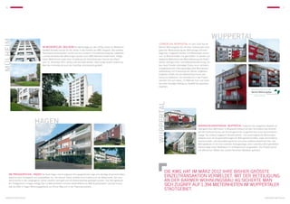 16                                                                                                                                                                                                                                                                     17




                                                                                                                                                                                                 WUPPERTAL
Mülheim



                                                                                                                                       Löhrerlen, WUPPERTAL Im Jahr 2010 hat die
                                         Im Beckerfelde, Mülheim Die Wohnanlage aus den 1970er-Jahren im Mülheimer                     Barmer Wohnungsbau AG mit einer umfassenden ener-
                                         Stadtteil Dümpten wurde vor vier Jahren in das Portfolio der KWG integriert. Das veraltete    getischen Modernisierung der Wohnanlage Löhrerlen
                                         Nachtspeicherheizsystem wurde auf eine moderne Fernwämeversorgung umgestellt                  begonnen. Insgesamt werden 125 Wohnungen saniert
                                         und alle leerstehenden Wohnungen wurden nach KWG-Standard modernisiert. Infolge               und 13 Wohneinheiten neu geschaffen. Es werden um-
                                         dieser Maßnahmen sowie einer Umstellung der Vertriebsstruktur konnte das Objekt               fangreiche Maßnahmen wie Wärmedämmung der Außen-
                                         zum 31. Dezember 2011 nahezu voll vermietet werden. Gleichzeitig wurden sowohl der            wände, Dachgeschoss- und Kellerdeckendämmung, Ein-
                                         Wert der Immobilie als auch der Cashflow entscheidend gestärkt.                               bau neuer Fenster, erstmaliger Einbau einer zentralen,
                                                                                                                                       energiesparenden Heizungsanlage samt Warmwasser-
                                                                                                                                       aufbereitung und Erneuerung der Dächer umgesetzt.
                                                                                                                                       Zusätzlich erhöht sich der Wohnkomfort durch den
                                                                                                                                       Anbau von Balkonen. Die Investitionen in das Projekt
                                                                                                                                       belaufen sich auf nahezu 7,5 Millionen Euro und leiste-
                                                                                                                                       ten einen wichtigen Beitrag zur Qualität des gesamten
                                                                                                                                       Quartiers.




                                                                                                                                      WUPPERTAL
                                 Hagen                                                                                                                                          BornscheuerStraSSe, Wuppertal Aufgrund des steigenden Bedarfs an
                                                                                                                                                                                altersgerechtem Wohnraum in Wuppertal entstand auf dem Grundstück des ehemali-
                                                                                                                                                                                gen Bornscheuerhauses der Kirchengemeinde Langerfeld eine neue Seniorenwohn-
                                                                                                                                                                                anlage. Sie umfasst insgesamt 18 behinderten- und seniorengerechte Wohnungen,
                                                                                                                                                                                teilweise auch als Gruppenwohnungen für Wohngemeinschaften, sowie verschiedene
                                                                                                                                                                                Gemeinschafts- und Veranstaltungsräume und einen Cafeteria-Bewohner-Treff. Das
                                                                                                                                                                                Wohngebäude ist mit einer zentralen Aufzugsanlage, einer nutzerfreundlich gestalteten
                                                                                                                                                                                Gartenanlage sowie Stellplätzen im Untergeschoss ausgestattet. Das Projekt wurde
                                                                                                                                                                                mit öffentlichen Mitteln des Landes Nordrhein-Westfalen gefördert.




                                                                                                                                             Die KWG hat im März 2012 ihre bisher gröSSte
      AM Predigerstuhl, Hagen Die Stadt Hagen nimmt aufgrund ihrer geografischen Lage eine wichtige Scharnierfunktion
      zwischen dem Ruhrgebiet und Südwestfalen ein. Von diesem Faktor profitiert nicht zuletzt auch der Mietermarkt. Der Leer-               Einzeltransaktion vermeldet. Mit der Beteiligung
      stand konnte in den vergangenen Jahren deutlich verringert und die Nettomieterlöse gesteigert werden. Das Wohngebäude                  an der Barmer Wohnungsbau AG sicherte man
      am Predigerstuhl in Hagen verfügt über 13 Wohneinheiten mit einer Gesamtfläche von 806 Quadratmetern. Darüber hinaus
      hält die KWG in Hagen Wohnungsgebäude am Ahmer Weg und in der Piepenstockstraße.
                                                                                                                                             sich Zugriff auf 1.394 MIETeinheiten im Wuppertaler
                                                                                                                                             Stadtgebiet.
 Nordrhein-Westfalen                                                                                                                                                                                                                                  Nordrhein-Westfalen
 