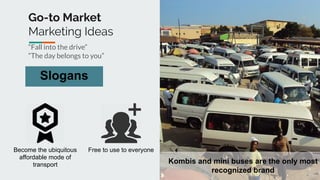 Slogans
Go-to Market
Marketing Ideas
“Fall into the drive”
“The day belongs to you”
Become the ubiquitous
affordable mode of
transport
Free to use to everyone
Kombis and mini buses are the only most
recognized brand
 