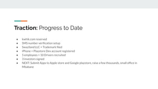 Traction: Progress to Date
● kwhik.com reserved
● SMS number veriﬁcation setup
● Swaziland LLC + Trademark ﬁled
● iPhone + Playstore Dev account registered
● 5 employees + 10 Drivers recruited
● 3 investors signed
● NEXT: Submit Apps to Apple store and Google playstore, raise a few thousands, small ofﬁce in
Mbabane
 