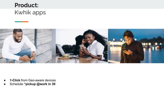 Product:
Kwhik apps
● 1-Click from Geo-aware devices
● Schedule “pickup @work in 30
 