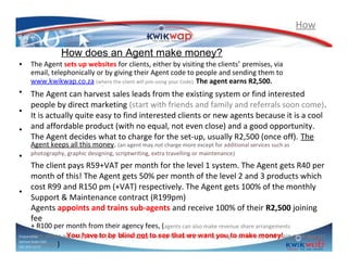 How
How does an Agent make money?
• The Agent sets up websites for clients, either by visiting the clients’ premises, via
email, telephonically or by giving their Agent code to people and sending them to
www.kwikwap.co.za (where the client will join using your Code). The agent earns R2,500.

• The Agent can harvest sales leads from the existing system or find interested
people by direct marketing (start with friends and family and referrals soon come).
• It is actually quite easy to find interested clients or new agents because it is a cool
• and affordable product (with no equal, not even close) and a good opportunity.
The Agent decides what to charge for the set-up, usually R2,500 (once off). The
Agent keeps all this money. (an agent may not charge more except for additional services such as

•

photography, graphic designing, scriptwriting, extra travelling or maintenance )

The client pays R59+VAT per month for the level 1 system. The Agent gets R40 per
month of this! The Agent gets 50% per month of the level 2 and 3 products which
cost R99 and R150 pm (+VAT) respectively. The Agent gets 100% of the monthly
•
Support & Maintenance contract (R199pm)
Agents appoints and trains sub-agents and receive 100% of their R2,500 joining
fee
+ R100 per month from their agency fees, (agents can also make revenue share arrangements

You have to be share not to see that we want you revenue etc] and train
with other agents/people [e.g.. blind50% of set-up fees and 0% of recurringto make money! new agents
in groups)

Prepared by
Sphiwe Dube (SA)
083 820 20 95

 