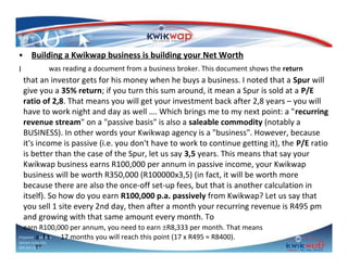 • Building a Kwikwap business is building your Net Worth
I

was reading a document from a business broker. This document shows the return

that an investor gets for his money when he buys a business. I noted that a Spur will
give you a 35% return; if you turn this sum around, it mean a Spur is sold at a P/E
ratio of 2,8. That means you will get your investment back after 2,8 years – you will
have to work night and day as well …. Which brings me to my next point: a "recurring
revenue stream" on a "passive basis" is also a saleable commodity (notably a
BUSINESS). In other words your Kwikwap agency is a "business". However, because
it's income is passive (i.e. you don't have to work to continue getting it), the P/E ratio
is better than the case of the Spur, let us say 3,5 years. This means that say your
Kwikwap business earns R100,000 per annum in passive income, your Kwikwap
business will be worth R350,000 (R100000x3,5) (in fact, it will be worth more
because there are also the once-off set-up fees, but that is another calculation in
itself). So how do you earn R100,000 p.a. passively from Kwikwap? Let us say that
you sell 1 site every 2nd day, then after a month your recurring revenue is R495 pm
and growing with that same amount every month. To
earn R100,000 per annum, you need to earn ±R8,333 per month. That means
Prepared aedfbty
17 months you will reach this point (17 x R495 ≈ R8400).
Sphiwe Dube (SA)
er
083 820 20 95

 