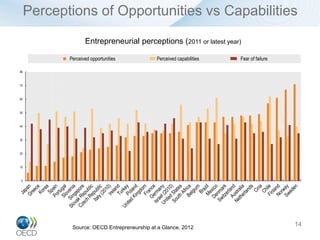 Perceptions of Opportunities vs Capabilities
                   Entrepreneurial perceptions (2011 or latest year)

            Perceived opportunities          Perceived capabilities   Fear of failure

80



70



60



50



40



30



20



10



0




             Source: OECD Entrepreneurship at a Glance, 2012
                                                                                        14
 