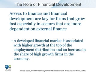 The Role of Financial Development

Access to finance and financial
development are key for firms that grow
fast especially in sectors that are more
dependent on external finance

– A developed financial market is associated
  with higher growth at the top of the
  employment distribution and an increase in
  the share of high growth firms in the
  economy.


     Source: OECD, What Drives the Dynamics of Business Growth (Criscuolo and Menon, 2012)
 