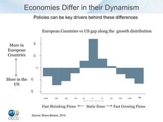 5
         Economies Differ in their Dynamism


                    0
                Policies can be 3key drivers behind7 these differences11
                       1   2         4    5    6         8    9   10
                                                     Growth interval


                        European Countries vs US gap along the growth distribution
                40                             (c) Europe-US Gap

 More in
European
Countries
                20
                    0




More in the
              -20




   US
              -40




                           1
                        -100      2
                                -20      3
                                        -15    4
                                              -10    5
                                                    -5      -16     7
                                                                   +1    8
                                                                        +5       9
                                                                               +10    10
                                                                                     +20   ∞
                                                                                           11
                                                    Growth interval

                        Fast Shrinking Firms             Static firms        Fast Growing Firms

               Source: Bravo-Biosca, 2010
 