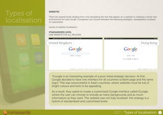 Types of
localisation
11
WEBSITES
There are several levels ranging from only translating the text that appear on a website...