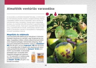 10
A varasodás az almástermésűeket támadja, a lombozatot
és a termésünk jelentős részét is megkárosíthatja. Meleg,
csapadékos időben terjed a leginkább. Apró, barnás fol-
tok jelennek meg a leveleken, melyek egyre nagyobbak
lesznek, és a levélzet idő előtt lehullhat. A gyümölcsökön
kicsi szürkés pontok, majd egyre nagyobb foltok jelennek
meg, a gyümölcsök torzulnak, parásodnak. Körtén a haj-
tások is veszélyben vannak a varasodástól. A betegség a
lehullott levelekben telel át.
Megelőzés és védekezés
Laza koronaformát alakítsunk ki metszéssel. A lehullott
leveleket távolítsuk el a kertből, vagy forgassuk be a ta-
lajba. Csapadékos időben néhány alkalommal permetez-
zünk megelőző jelleggel, fehérbimbós állapotig. Alkal-
mazzunk réztartalmú készítményt, mint pl. a Champion®
WG (20–30 g/10 l víz) és a Cuproxat®
FW (40–50 ml/10
l víz) varasodás ellen Virágzás után alkalmazzunk felszí-
vódó gombaölő készítményt, pl. Domark®
10 EC (3–4
ml/10 l víz) terméket. A felszívódó
gombaölő szert varasodás ellen
megelőző jelleggel kell alkalmaz-
ni 7–14 naponként. A hatékonyság
növelése érdekében kombinál-
juk Manfil®
75 WG (20 g/10 l víz)
kontakt termékkel.
Almafélék ventúriás varasodása
 