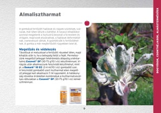 GYÜMÖLCS—szőlőBogyósok,Csonthéjasok,Almástermésűek
9
A gombával fertőzött hajtások és rügyek szürkések, szá-
razak, már télen látszik a kártétel. A tavaszi kihajtáskor
azonnal megjelenik a lisztszerű bevonat a fa levelein és
virágain, majd ezek elszáradnak, a hajtások deformálód-
nak, csenevésszé válnak. A gyümölcsök is fertőződhet-
nek. A gomba a már megfertőzött rügyekben telel át.
Megelőzés és védekezés
Távolítsuk el metszéssel a fertőzött részeket télen, majd
kihajtás után is, ha a betegség felüti a fejét. Permetez-
zünk megelőző jelleggel fehérbimbós állapotig a kéntar-
talmú Cosavet®
DF (30-75 g/10 l víz) készítménnyel. Vi-
rágzás után alkalmazzunk felszívódó készítményt, mint
pl. a Domark®
10 EC (3-4 ml/10 l víz) gombaölő szer.
A felszívódó gombaölő szert lisztharmat ellen megelő-
ző jelleggel kell alkalmazni 7–14 naponként. A hatékony-
ság növelése érdekében kombináljuk a lisztharmatveszé-
lyes időszakban a Cosavet®
DF (30-75 g/10 l víz) kénké-
szítménnyel.
Almalisztharmat
 