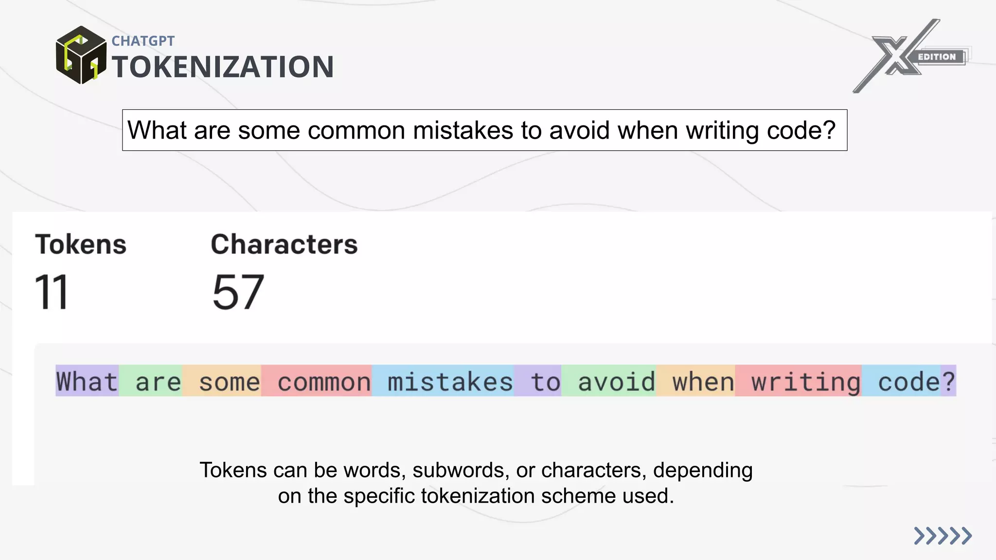 TOKENIZATION
CHATGPT
What are some common mistakes to avoid when writing code?
Tokens can be words, subwords, or characters, depending
on the specific tokenization scheme used.
 