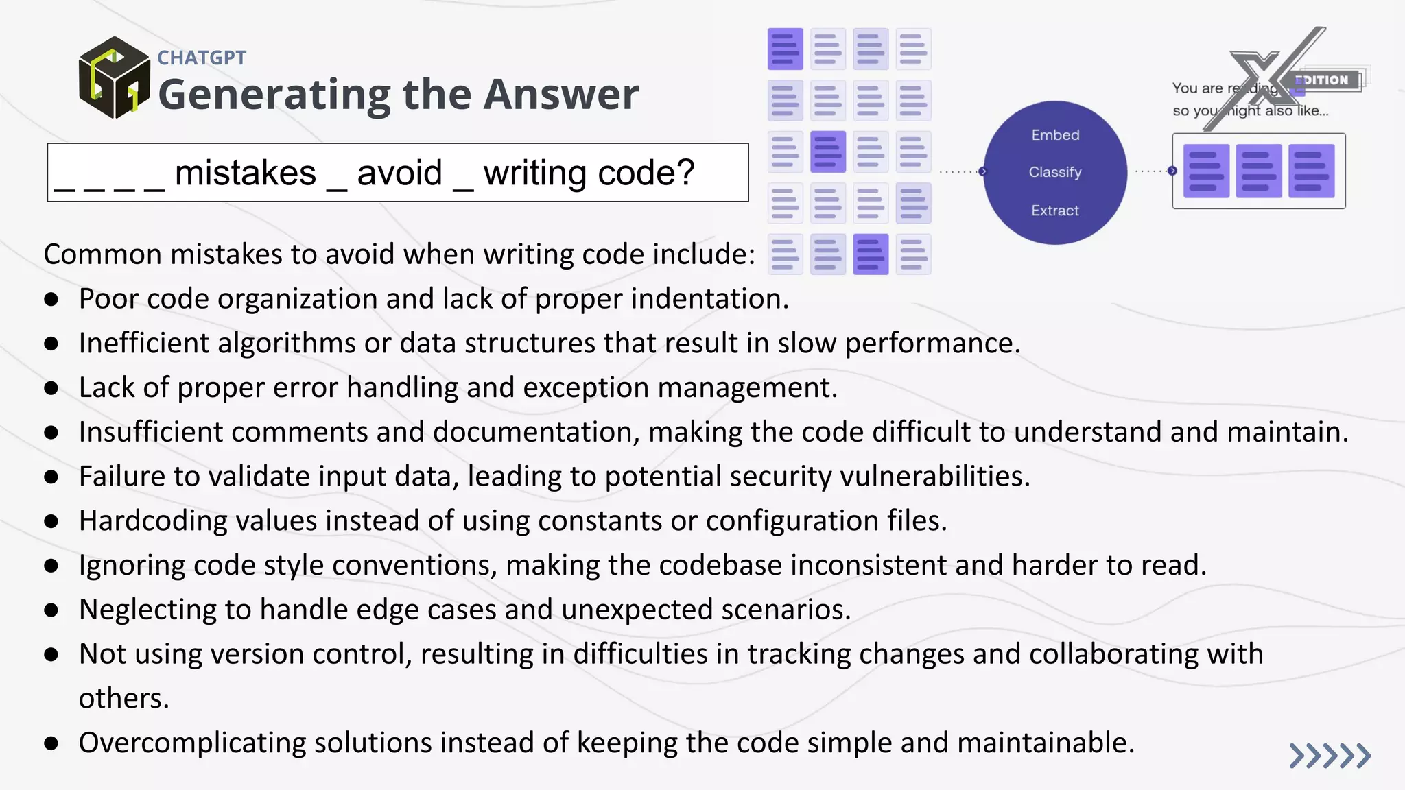 Generating the Answer
CHATGPT
_ _ _ _ mistakes _ avoid _ writing code?
Common mistakes to avoid when writing code include:
● Poor code organization and lack of proper indentation.
● Inefficient algorithms or data structures that result in slow performance.
● Lack of proper error handling and exception management.
● Insufficient comments and documentation, making the code difficult to understand and maintain.
● Failure to validate input data, leading to potential security vulnerabilities.
● Hardcoding values instead of using constants or configuration files.
● Ignoring code style conventions, making the codebase inconsistent and harder to read.
● Neglecting to handle edge cases and unexpected scenarios.
● Not using version control, resulting in difficulties in tracking changes and collaborating with
others.
● Overcomplicating solutions instead of keeping the code simple and maintainable.
 