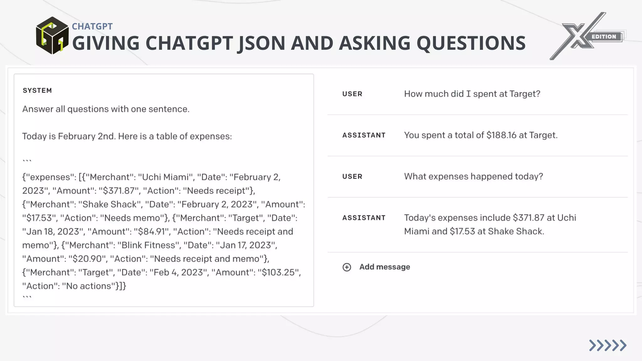 GIVING CHATGPT JSON AND ASKING QUESTIONS
CHATGPT
 
