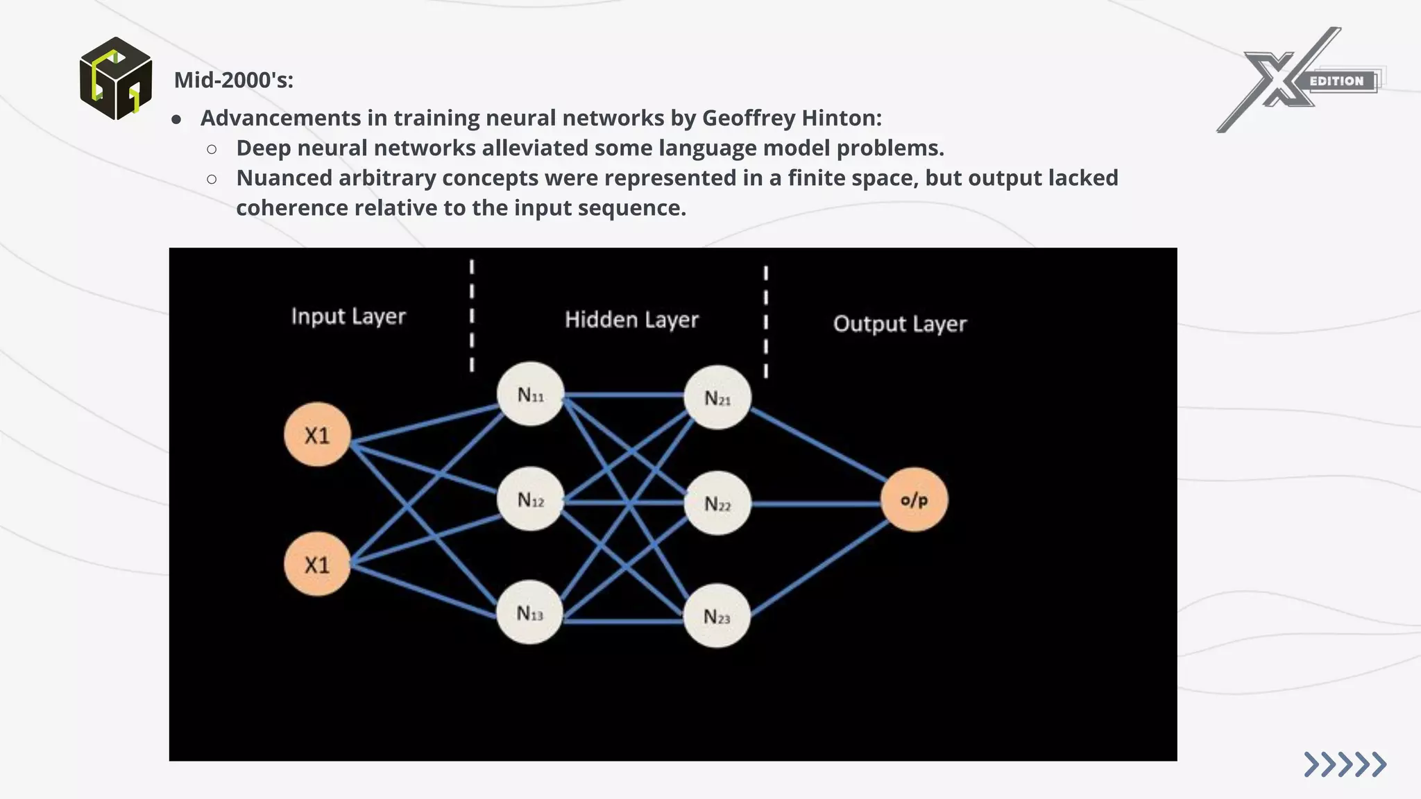 ● Advancements in training neural networks by Geoﬀrey Hinton:
○ Deep neural networks alleviated some language model problems.
○ Nuanced arbitrary concepts were represented in a ﬁnite space, but output lacked
coherence relative to the input sequence.
Mid-2000's:
 