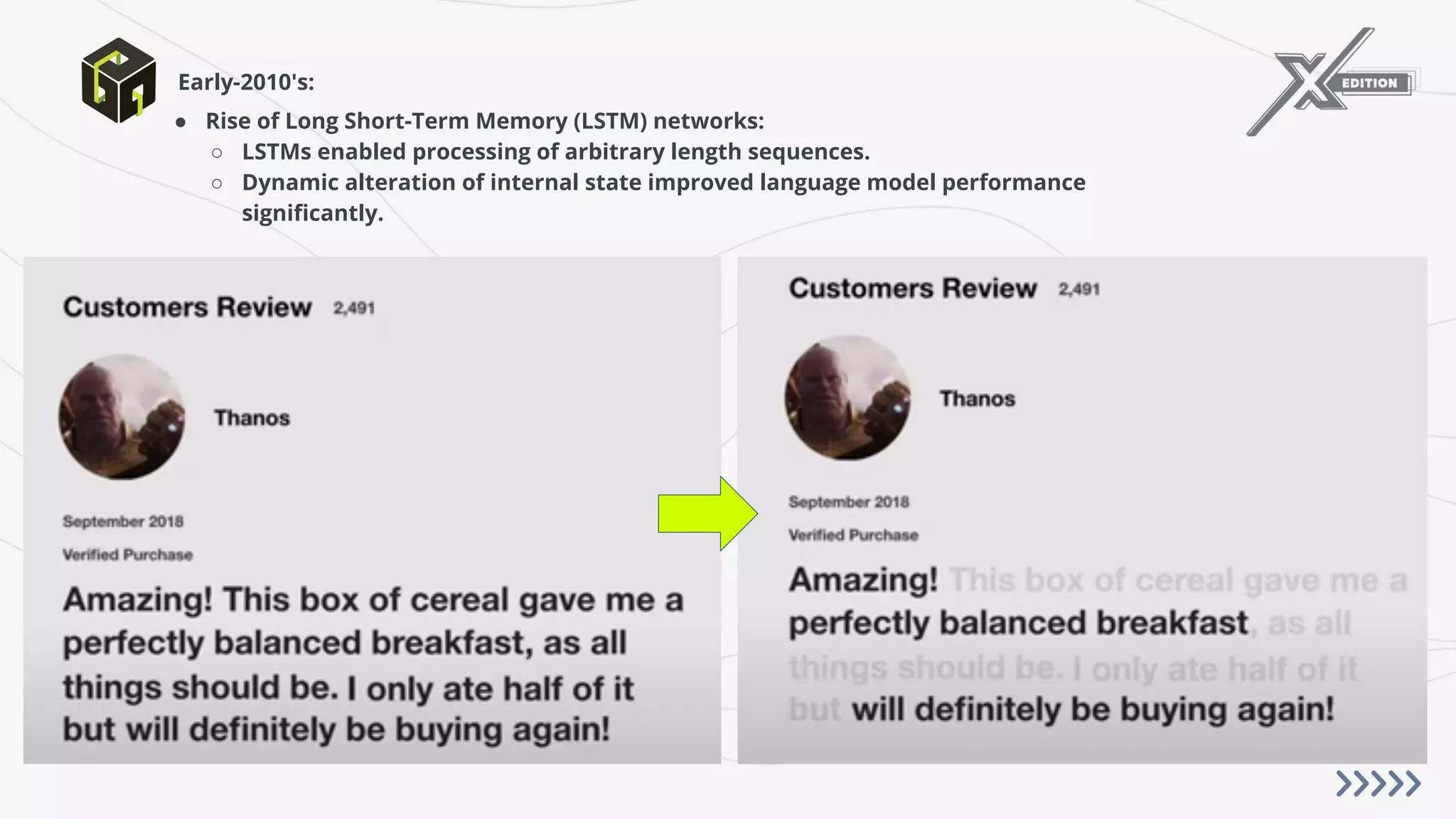 ● Rise of Long Short-Term Memory (LSTM) networks:
○ LSTMs enabled processing of arbitrary length sequences.
○ Dynamic alteration of internal state improved language model performance
signiﬁcantly.
Early-2010's:
 
