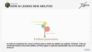 HOW AI LEARNS NEW ABILITIES
Practical AI
As LLMs are scaled they hit a series of critical scales at which new abilities are suddenly “unlocked”. LLMs are
not directly trained to have these abilities, and they appear in rapid and unpredictable ways as if emerging out
of thin air.
 