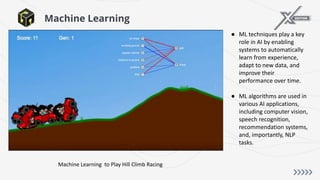 Machine Learning
● ML techniques play a key
role in AI by enabling
systems to automatically
learn from experience,
adapt to new data, and
improve their
performance over time.
● ML algorithms are used in
various AI applications,
including computer vision,
speech recognition,
recommendation systems,
and, importantly, NLP
tasks.
Machine Learning to Play Hill Climb Racing
 
