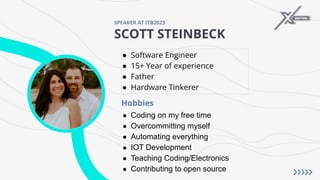 SCOTT STEINBECK
SPEAKER AT ITB2023
● Software Engineer
● 15+ Year of experience
● Father
● Hardware Tinkerer
● Coding on my free time
● Overcommitting myself
● Automating everything
● IOT Development
● Teaching Coding/Electronics
● Contributing to open source
Hobbies
 