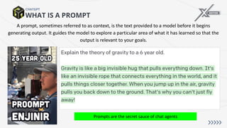 WHAT IS A PROMPT
CHATGPT
A prompt, sometimes referred to as context, is the text provided to a model before it begins
generating output. It guides the model to explore a particular area of what it has learned so that the
output is relevant to your goals.
Prompts are the secret sauce of chat agents
 