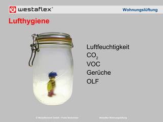 © Westaflexwerk GmbH – Frank Stukemeier Westaflex Wohnungslüftung
Wohnungslüftung
Lufthygiene
Luftfeuchtigkeit
CO2
VOC
Gerüche
OLF
 