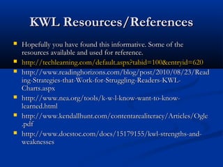 KWL Resources/ReferencesKWL Resources/References
 Hopefully you have found this informative. Some of theHopefully you have found this informative. Some of the
resources available and used for reference.resources available and used for reference.
 http://techlearning.com/default.aspx?tabid=100&entryid=620http://techlearning.com/default.aspx?tabid=100&entryid=620
 http://www.readinghorizons.com/blog/post/2010/08/23/Readhttp://www.readinghorizons.com/blog/post/2010/08/23/Read
ing-Strategies-that-Work-for-Struggling-Readers-KWL-ing-Strategies-that-Work-for-Struggling-Readers-KWL-
Charts.aspxCharts.aspx
 http://www.nea.org/tools/k-w-l-know-want-to-know-http://www.nea.org/tools/k-w-l-know-want-to-know-
learned.htmllearned.html
 http://www.kendallhunt.com/contentarealiteracy/Articles/Oglehttp://www.kendallhunt.com/contentarealiteracy/Articles/Ogle
.pdf.pdf
 http://www.docstoc.com/docs/15179155/kwl-strengths-and-http://www.docstoc.com/docs/15179155/kwl-strengths-and-
weaknessesweaknesses
 