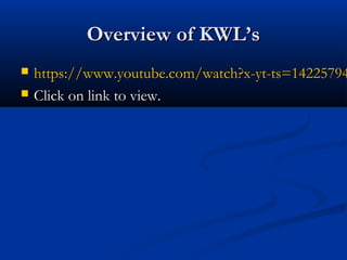 Overview of KWL’sOverview of KWL’s
 https://www.youtube.com/watch?x-yt-ts=14225794https://www.youtube.com/watch?x-yt-ts=14225794
 Click on link to view.Click on link to view.
 