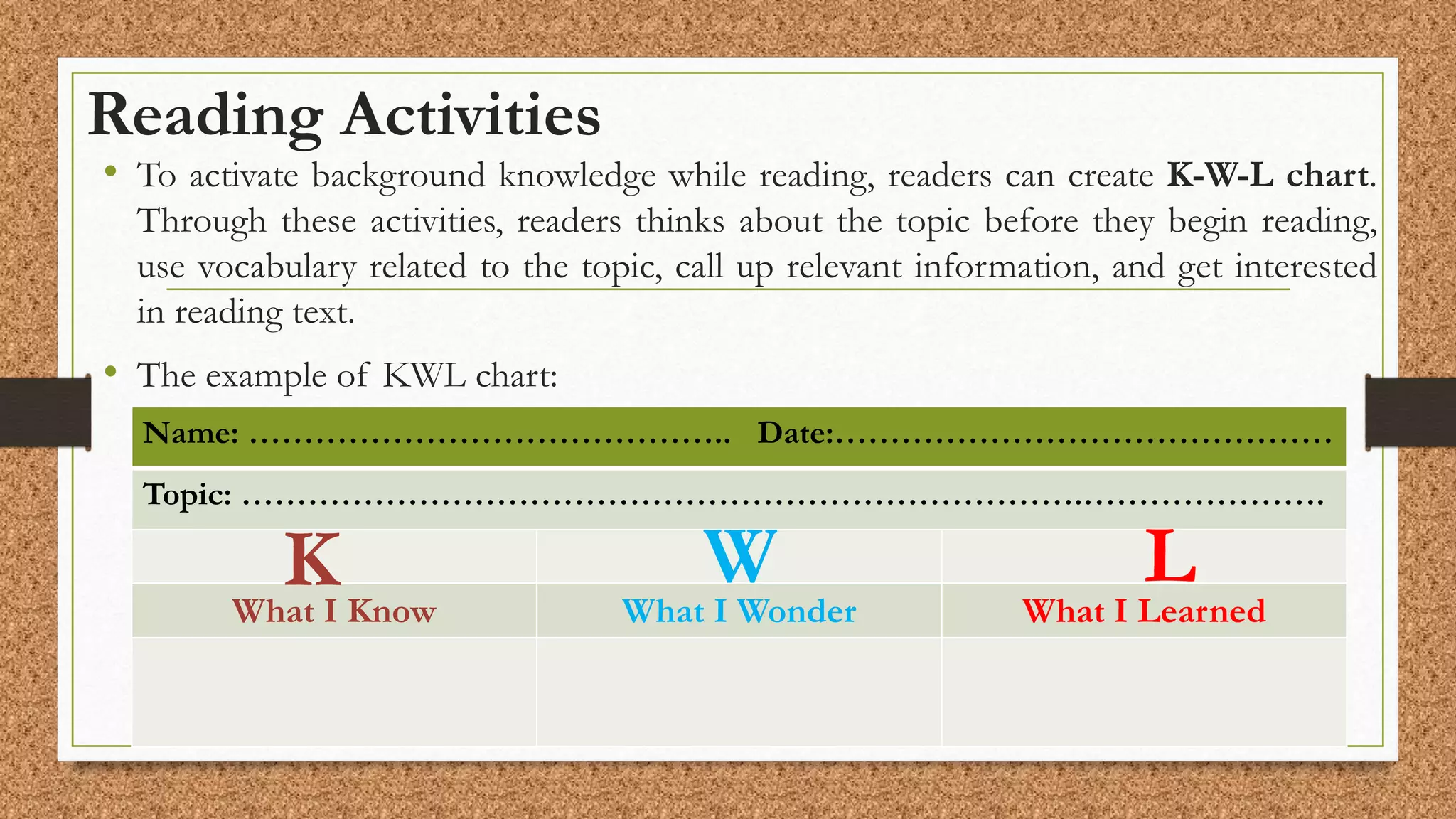 Reading Activities
• To activate background knowledge while reading, readers can create K-W-L chart.
Through these activities, readers thinks about the topic before they begin reading,
use vocabulary related to the topic, call up relevant information, and get interested
in reading text.
• The example of KWL chart:
Name: …………………………………….. Date:………………………………………
Topic: ………………………………………………………………….………………….
What I Know What I Wonder What I Learned
K W L
 