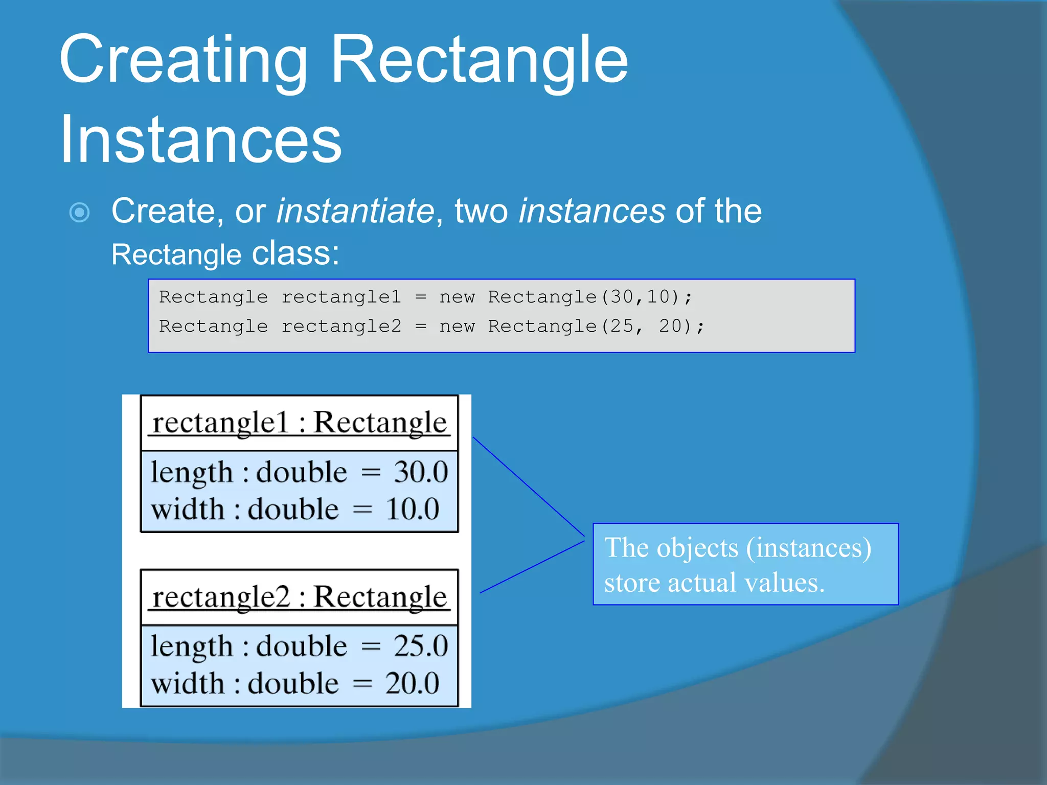 Creating Rectangle
Instances
 Create, or instantiate, two instances of the
Rectangle class:
The objects (instances)
store actual values.
Rectangle rectangle1 = new Rectangle(30,10);
Rectangle rectangle2 = new Rectangle(25, 20);
 