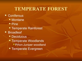 TEMPERATE FOREST
 Coniferous
 Montane
 Pine
 Temperate Rainforest
 Broadleaf
 Deciduous
 Temperate Woodlands
 Piňon-Juniper woodland
 Temperate Evergreen
 