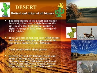 Hottest and driest of all biomes
Hottest and driest of all biomes

The temperature in the desert can change
The temperature in the desert can change
drastically from day to night because the
drastically from day to night because the
air is so dry that heat escapes rapidly at
air is so dry that heat escapes rapidly at
night.
night. Average of 38°C (day), average of -
3.9°C (night)
 about 250 mm of rain per year which means
which means
that the desert only gets 10 percent of the
that the desert only gets 10 percent of the
rain that a rainforest gets (2000mm)!
rain that a rainforest gets (2000mm)!

Cacti, small bushes, short grasses
Cacti, small bushes, short grasses

Between 15° and 35° latitude (North and
Between 15° and 35° latitude (North and
South of the equator); examples are
South of the equator); examples are
Mojave, Sonoran, Chihuahua, and Great
Mojave, Sonoran, Chihuahua, and Great
Basin (North America); Sahara (Africa);
Basin (North America); Sahara (Africa);
Negev (Middle East); and Gobi (Asia)
Negev (Middle East); and Gobi (Asia)
DESERT
 