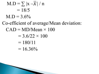 M.D = ∑ |x – | / n
= 18/5
M.D = 3.6%
Co-efficient of average/Mean deviation:
CAD = MD/Mean × 100
= 3.6/22 × 100
= 180/11
= 16.36%
x
 