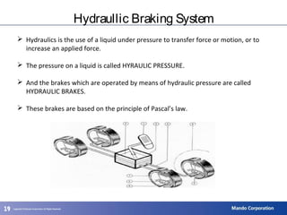 191919
Hydraullic Braking System
 Hydraulics is the use of a liquid under pressure to transfer force or motion, or to
increase an applied force.
 The pressure on a liquid is called HYRAULIC PRESSURE.
 And the brakes which are operated by means of hydraulic pressure are called
HYDRAULIC BRAKES.
 These brakes are based on the principle of Pascal’s law.
 