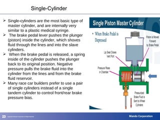 232323
 Single-cylinders are the most basic type of
master cylinder, and are internally very
similar to a plastic medical syringe.
 The brake pedal lever pushes the plunger
(piston) inside the cylinder, which shoves
fluid through the lines and into the slave
cylinders.
 When the brake pedal is released, a spring
inside of the cylinder pushes the plunger
back to its original position. Negative
pressure pulls the brake fluid into the
cylinder from the lines and from the brake
fluid reservoir.
 Many race car builders prefer to use a pair
of single cylinders instead of a single
tandem cylinder to control front/rear brake
pressure bias.
Single-Cylinder
 